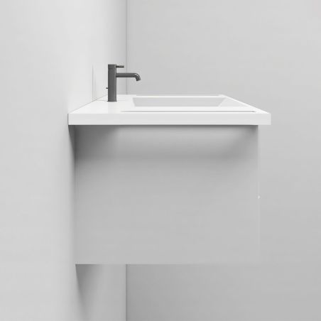 Waschbecken, Glänzend Weiß, seitliche Handtuchhalter, Mineralkomposit, wandhängende, Halb-Einbaumontage, 85x55 cm, Lavanda