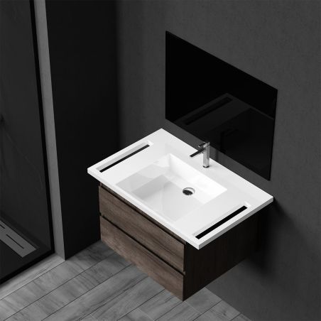 Waschbecken, Glänzend Weiß, seitliche Handtuchhalter, Mineralkomposit, wandhängende, Halb-Einbaumontage, 85x55 cm, Lavanda