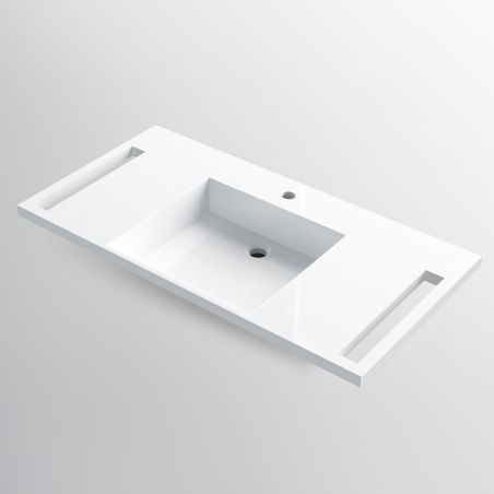 Waschbecken, Glänzend Weiß, seitliche Handtuchhalter, Mineralkomposit, wandhängende, Halb-Einbaumontage, 105x55 cm, Lavanda