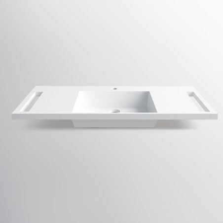 Waschbecken, Glänzend Weiß, seitliche Handtuchhalter, Mineralkomposit, wandhängende, Halb-Einbaumontage, 105x55 cm, Lavanda