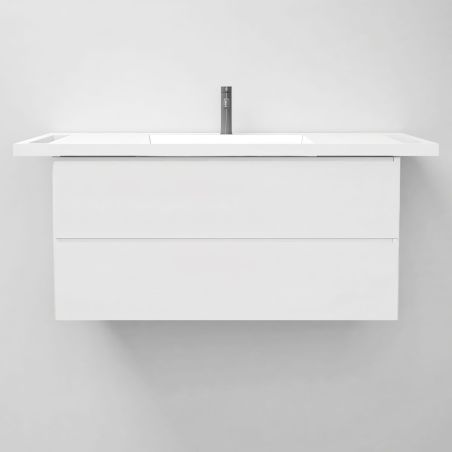 Waschbecken, Glänzend Weiß, seitliche Handtuchhalter, Mineralkomposit, wandhängende, Halb-Einbaumontage, 105x55 cm, Lavanda