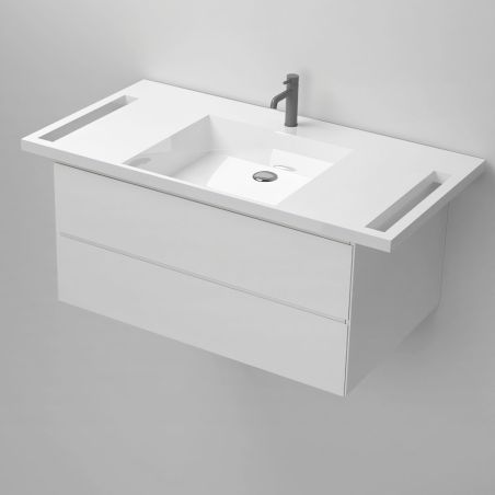 Waschbecken, Glänzend Weiß, seitliche Handtuchhalter, Mineralkomposit, wandhängende, Halb-Einbaumontage, 105x55 cm, Lavanda