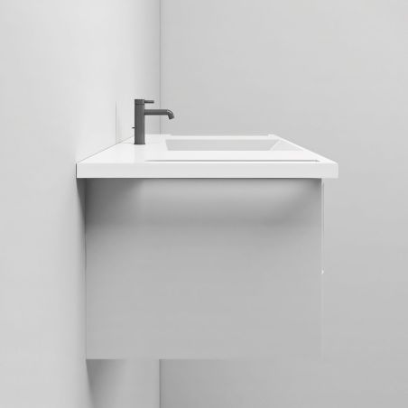 Waschbecken, Glänzend Weiß, seitliche Handtuchhalter, Mineralkomposit, wandhängende, Halb-Einbaumontage, 105x55 cm, Lavanda