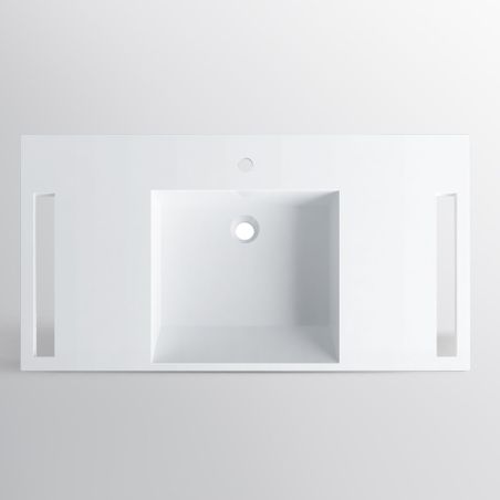 Waschbecken, Glänzend Weiß, seitliche Handtuchhalter, Mineralkomposit, wandhängende, Halb-Einbaumontage, 105x55 cm, Lavanda
