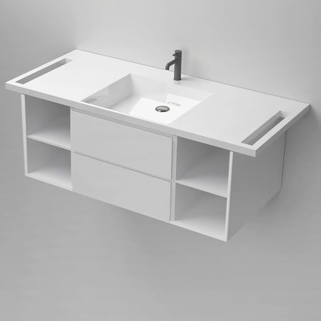 Waschbecken, Glänzend Weiß, seitliche Handtuchhalter, Mineralkomposit, wandhängende, Halb-Einbaumontage, 125x55 cm, Lavanda