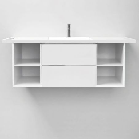 Waschbecken, Glänzend Weiß, seitliche Handtuchhalter, Mineralkomposit, wandhängende, Halb-Einbaumontage, 125x55 cm, Lavanda