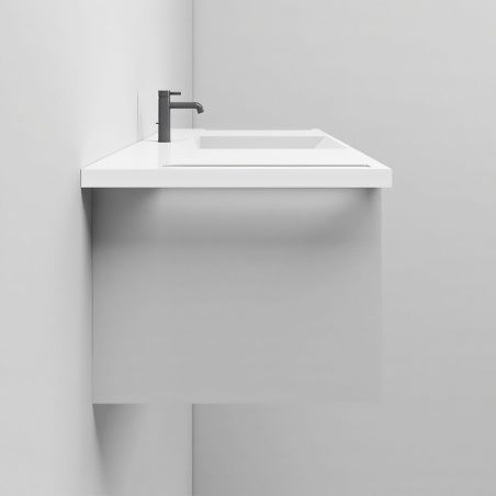 Waschbecken, Glänzend Weiß, seitliche Handtuchhalter, Mineralkomposit, wandhängende, Halb-Einbaumontage, 125x55 cm, Lavanda