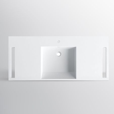 Waschbecken, Glänzend Weiß, seitliche Handtuchhalter, Mineralkomposit, wandhängende, Halb-Einbaumontage, 125x55 cm, Lavanda