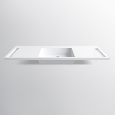 Waschbecken, Glänzend Weiß, seitliche Handtuchhalter, Mineralkomposit, wandhängende, Halb-Einbaumontage, 125x55 cm, Lavanda