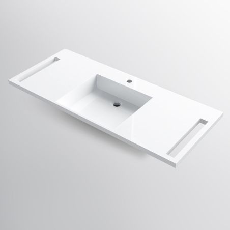Waschbecken, Glänzend Weiß, seitliche Handtuchhalter, Mineralkomposit, wandhängende, Halb-Einbaumontage, 125x55 cm, Lavanda