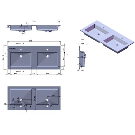 Doppelwaschbecken, Komposit, Carrara Arabescato Finish, Halb-Einbaumontage, 121x54.2 cm, Cortina