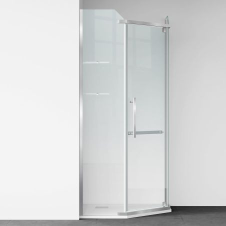 Duschkabine, pentagonal, Pendeltür, Chrom, 8 mm Glas, Handtuchhalter, 2 Ablagen, 90 x 90 cm, Nano Easy Clean, Leon
