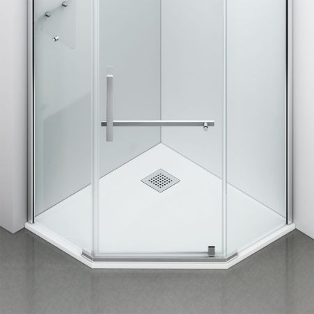 Duschkabine, pentagonal, Pendeltür, Chrom, 8 mm Glas, Handtuchhalter, 2 Ablagen, 90 x 90 cm, Nano Easy Clean, Leon