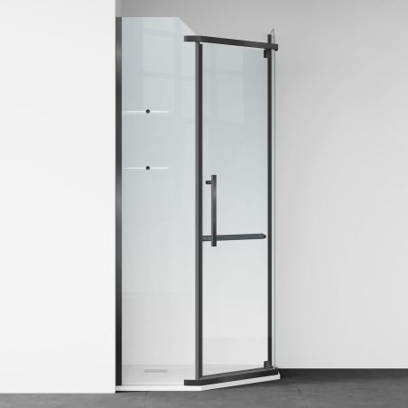 Duschkabine, pentagonal, Pendeltür, Mattschwarz, 8 mm Glas, Handtuchhalter, 2 Ablagen, 90 x 90 cm, Nano Easy Clean, Leon