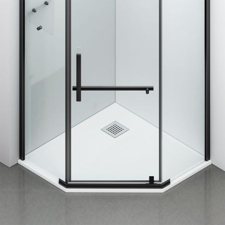 Duschkabine, pentagonal, Pendeltür, Mattschwarz, 8 mm Glas, Handtuchhalter, 2 Ablagen, 90 x 90 cm, Nano Easy Clean, Leon