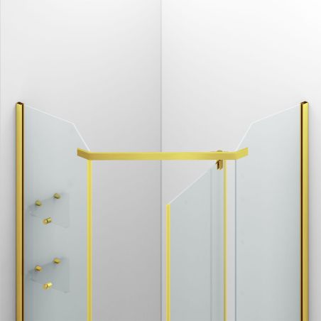 Duschkabine, pentagonal, Pendeltür, Mattgold, 8 mm Glas, Handtuchhalter, 2 Ablagen, 90 x 90 cm, Nano Easy Clean, Leon