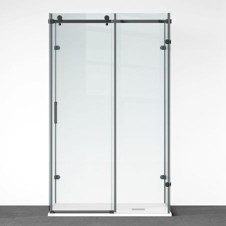 Duschkabine, festem Wandteil, Schiebetür, 8 mm Glas, Nano-Beschichtung, Mattschwarz, Größen 70-90x100-120-160 cm, Solana