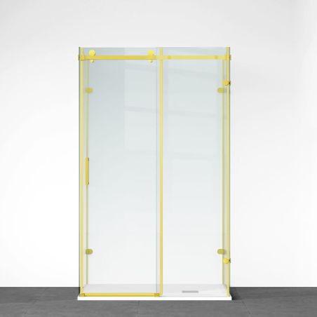 Duschkabine, festem Wandteil, Schiebetür, 8 mm Glas, Nano-Beschichtung, Mattgold, Größen 80-90x120-140-160 cm, Solana