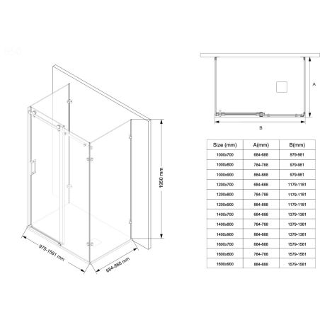 Duschkabine, festem Wandteil, Schiebetür, 8 mm Glas, Nano-Beschichtung, Mattgold, Größen 80-90x120-140-160 cm, Solana
