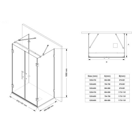 Duschkabine, 3-seitig, Pendeltür, Mattschwarz, 8 mm Glas, Nano-Beschichtung, Größen 70-80-90x100-120 cm, Trinity