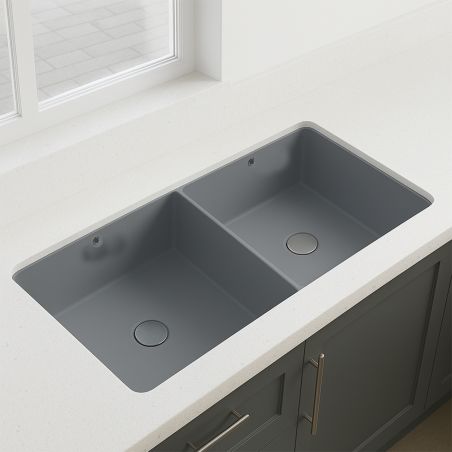 Doppel-Küchenspüle, 2 Becken, Mattgrau, Power Colour, Unterbau-Montage, 105x40 cm, Serena