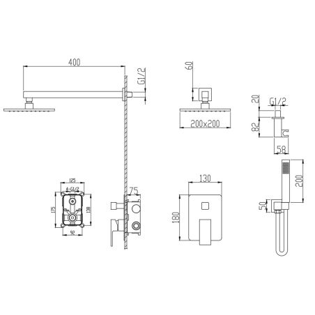 Duschsystem, Unterputzarmatur, 2 Funktionen, Regendusche, Mattschwarz, Venice