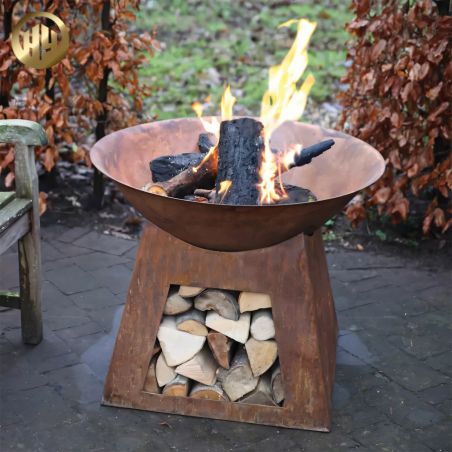 Feuerschale mit Holzablage, 2,5 cm Cortenstahl, Ø 80 x H 70 cm, Vulcanis