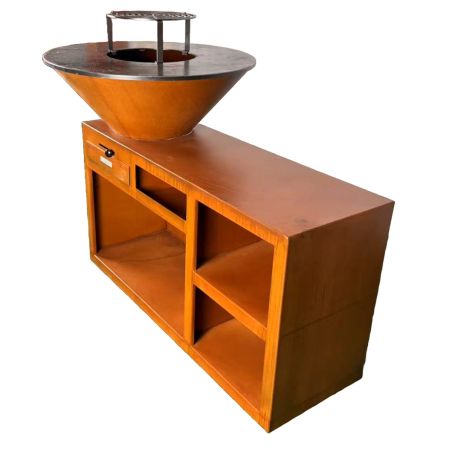 Holzgrill mit großer Kochplatte, großer Stauraum für Holz, 2 seitliche Regale aus Cortenstahl, Maße: D 85 x 130 x 100 cm, Helio