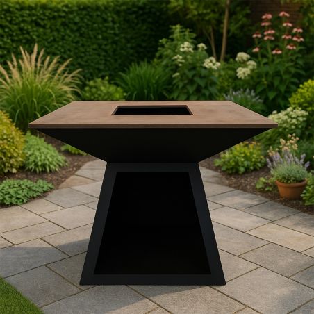 Holzgrill mit großer Kochplatte, Holzlagerfach, 2 mm Cortenstahl, Maße: 100x100x90 cm, Schwarz, Rustico