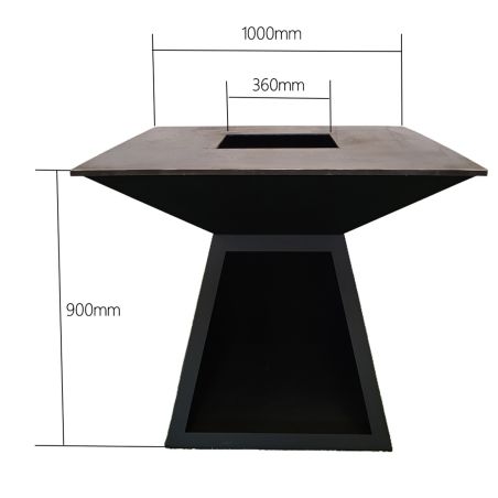 Holzgrill mit großer Kochplatte, Holzlagerfach, 2 mm Cortenstahl, Maße: 100x100x90 cm, Schwarz, Rustico