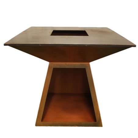 Holzgrill mit Gusseisenplatte, Holzlagerfach, 2 mm Cortenstahl, Maße: 100x100x90 cm, Rostoptik, Rustico