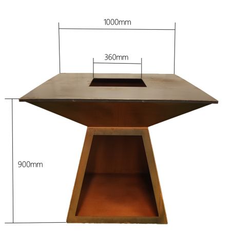Holzgrill mit Gusseisenplatte, Holzlagerfach, 2 mm Cortenstahl, Maße: 100x100x90 cm, Rostoptik, Rustico