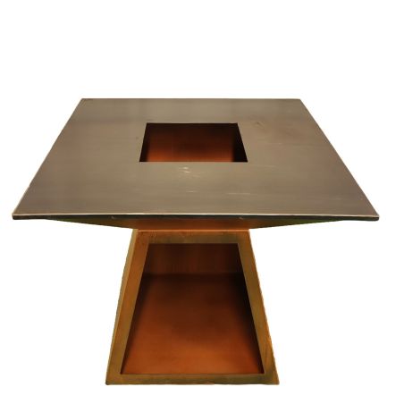 Holzgrill mit Gusseisenplatte, Holzlagerfach, 2 mm Cortenstahl, Maße: 100x100x90 cm, Rostoptik, Rustico