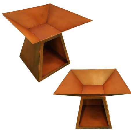 Holzgrill mit Gusseisenplatte, Holzlagerfach, 2 mm Cortenstahl, Maße: 100x100x90 cm, Rostoptik, Rustico