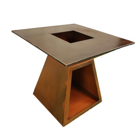 Holzgrill mit Gusseisenplatte, Holzlagerfach, 2 mm Cortenstahl, Maße: 100x100x90 cm, Rostoptik, Rustico