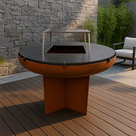 Holzgrill mit Gusseisenplatte, Platte aus 2 mm Cortenstahl, Maße: D 100 x H 70 cm, AshCraft