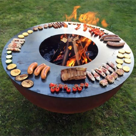 Holzgrill mit großer Kochplatte, 3,5 mm Cortenstahl, Maße: D 100 x H 53 cm, Pirathos