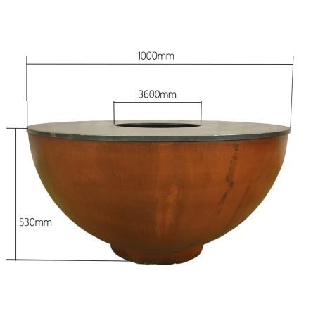 Holzgrill mit großer Kochplatte, 3,5 mm Cortenstahl, Maße: D 100 x H 53 cm, Pirathos