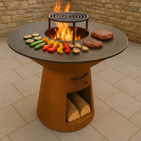 Grillkamin mit großer Kochfläche, Holzlagerfach, 2 mm Cortenstahl, Maße: D 100 x H 90 cm, Avangarde