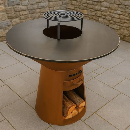 Holzgrill mit Gusseisenplatte und Holzarbeitsfläche, Stauraum für Holz, 2 mm Cortenstahl, Ø 100 x H 90 cm, Avangarde