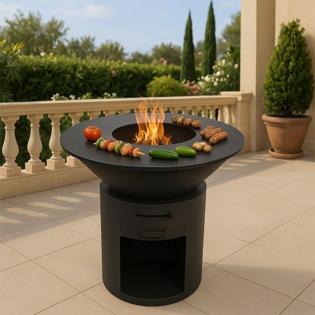 Holzgrill mit großer Kochplatte, Holzlager, 2 mm Cortenstahl, Durchmesser 100 oder 85 cm, Schwarz, Infinity Glow