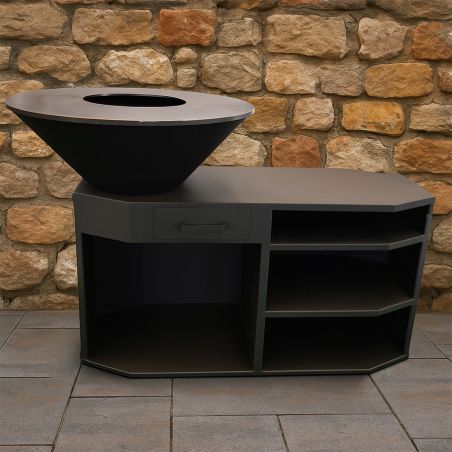 Holzgrill mit Gusseisenplatte, Holzlagerfach, 3 Ablagen, Cortenstahl, Maße: D 85x130x100 cm, Schwarz, Solis