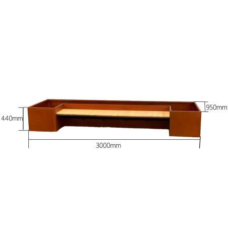Pflanzkübel mit integrierter Holzbank, 2 mm Cortenstahl, Maße: 300x95x44 cm, FloraStep