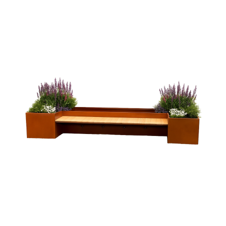 Pflanzkübel mit integrierter Holzbank, 2 mm Cortenstahl, Maße: 300x95x44 cm, FloraStep