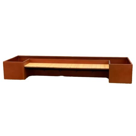 Pflanzkübel mit integrierter Holzbank, 2 mm Cortenstahl, Maße: 300x95x44 cm, FloraStep