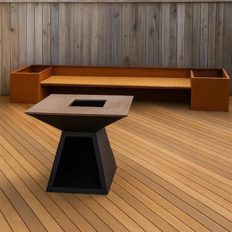 Pflanzkübel mit integrierter Holzbank, 2 mm Cortenstahl, Maße: 300x95x44 cm, FloraStep