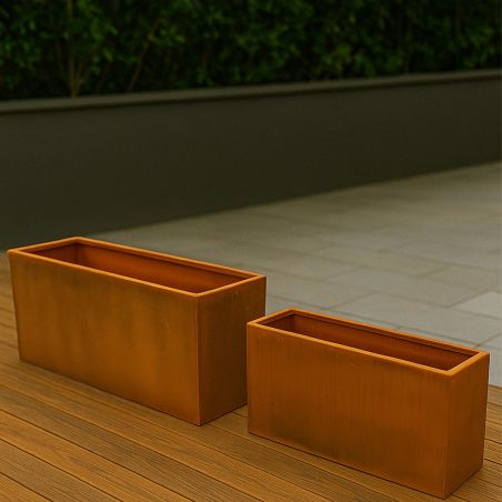 Rechteckiger Pflanzkübel, 2 mm Cortenstahl, Maße: 100x30x45 cm oder 120x40x55 cm, Bloom