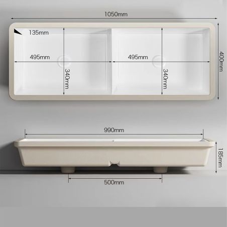 Doppel-Kückenspüle, 2 Becken, glänzend Weiß, Sanitärkeramik, Unterbau-Montage, 105x40 cm, Serena