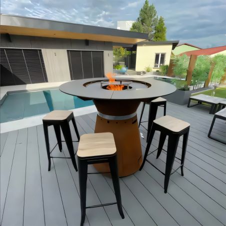 Holzgrill mit Gusseisenplatte und Holzarbeitsfläche, Stauraum für Holz, 2 mm Cortenstahl, Ø 100 x H 90 cm, Avangarde