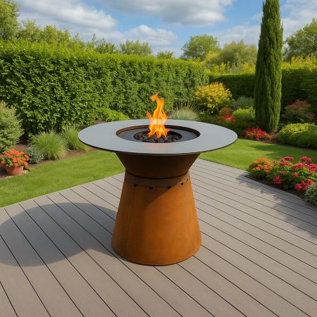 Holzgrill mit Gusseisenplatte und Holzarbeitsfläche, Stauraum für Holz, 2 mm Cortenstahl, Ø 100 x H 90 cm, Avangarde